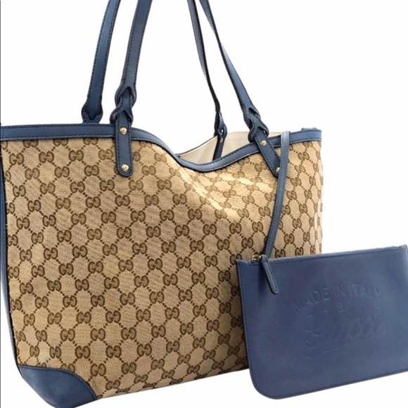 Gucci canvas craft tote blue leather trim - Picture 2 of 16